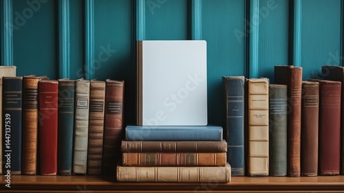 Stacks of Vintage Books with Blank Notebook on Antique Shelf, Ideal for Mockups or Educational Backgrounds, Minimalist Library Concept