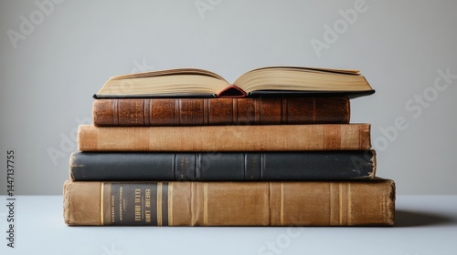 Stack of Aged Books with an Opened Top Book, Representing Knowledge and Scholarship, Ideal for Education or Literature Themes