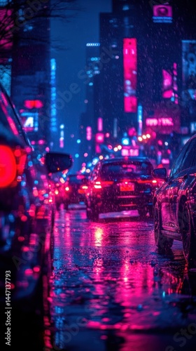 Neon city lights at night, rain photo