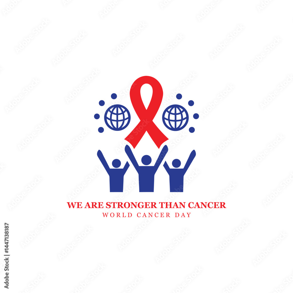 Obraz premium World Cancer Day Ribbon and People Illustration – We Are Stronger Than Cancer Concept