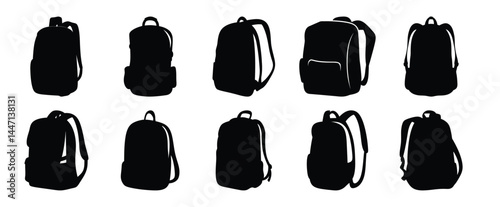 Black Silhouette Vector Illustration of Multiple Styles of Backpacks on White Background