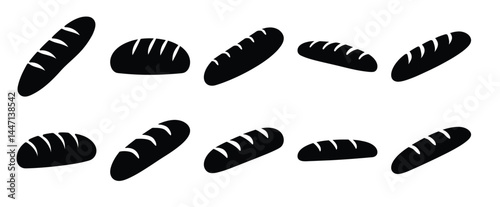 Monochrome illustration showcasing various types of bread loaves scattered across a white background