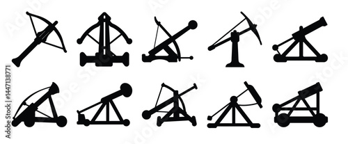 Collection of Diverse Medieval Siege Weapon Silhouette Vector Art