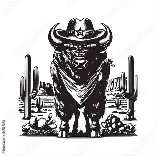 Western Bison Warrior in Cowboy Hat – Full-Body Black and White Vector Illustration

