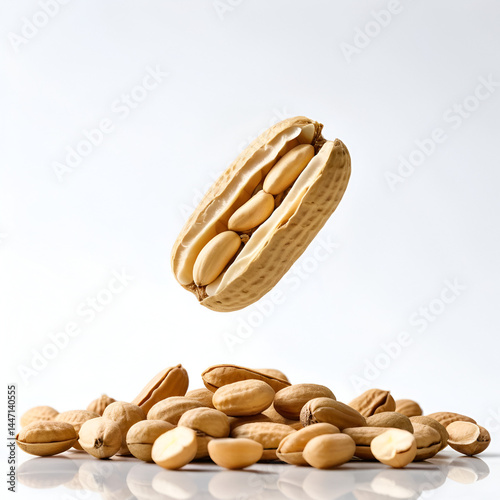 Peeled peanuts levitating against a white background