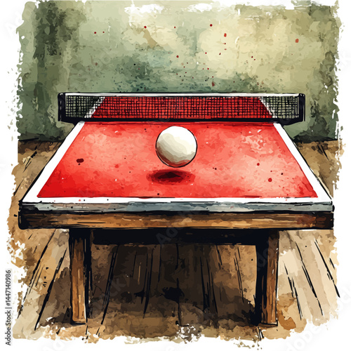 watercolor of Ping Pong Ball Bouncing Across A Table, vector, isolated on a white background.