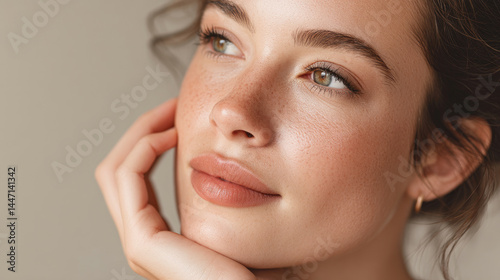 A young woman with a healthy, radiant complexion.  Her expression is thoughtful and her makeup is subtle.  Natural beauty