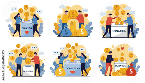 Charitable Donations and Money Giving Vector Illustration Set