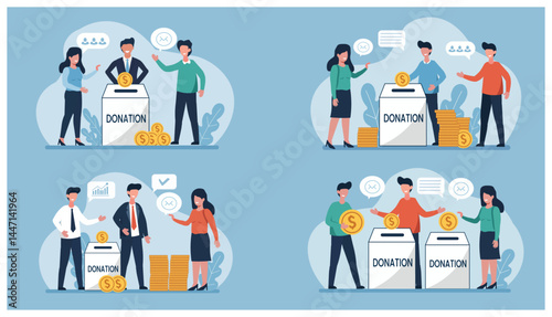 Donation Boxes and Giving People Vector Illustration Set