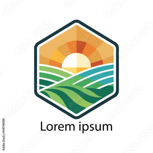 Hexagon Logo Design Featuring Sunset Over Rolling Hills