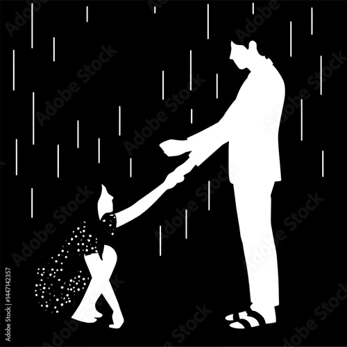 Silhouette of a man and woman together under the drizzle 