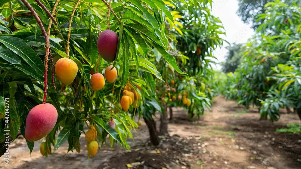A vibrant display of ripe mangoes hanging from lush green trees under the warm sun, symbolizing abundance and the joys of nature's bounty in an orchard setting.