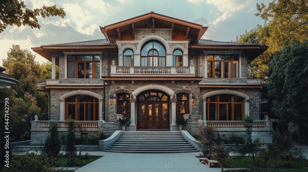 Fototapeta premium Elegant stone mansion basks under golden sunlight