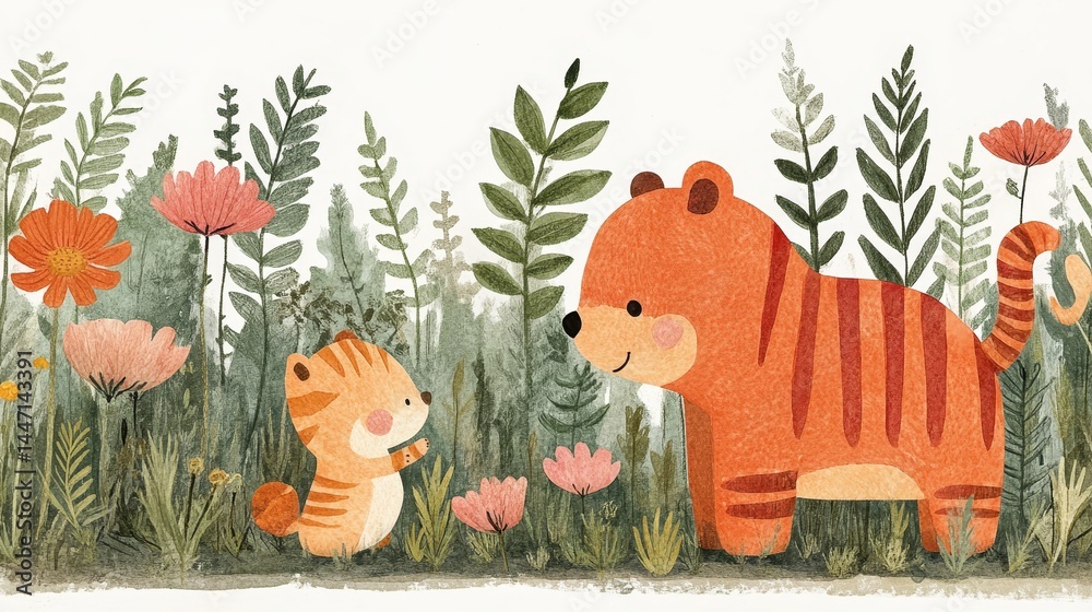 Obraz premium Delightful tiger cub and parent amidst floral meadow creating heartwarming woodland scene capturing the innocence and joy of wildlife in spring