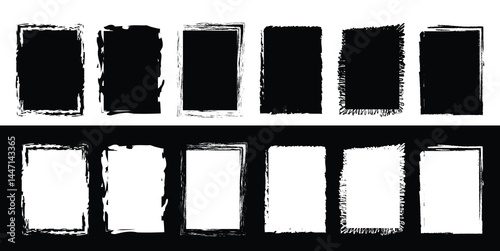 Chalk texture on blackboard. Vector white brush stroke rectangles on black background. Scribble stain blob banners. Vertical rectangular grungy punk backdrops. Japanese Chinese paintbrush dabs daub bg