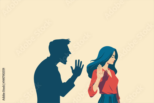 Woman stopping a threatening male shadow. Symbol of abuse and resistance. Vector illustration.
