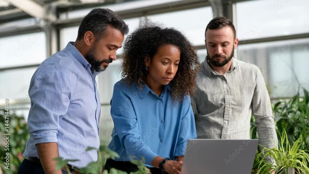 Three colleagues collaborate on a project inside a modern greenhouse, featuring lush plants and high-tech workspace that emphasizes teamwork and innovation in sustainable practices.