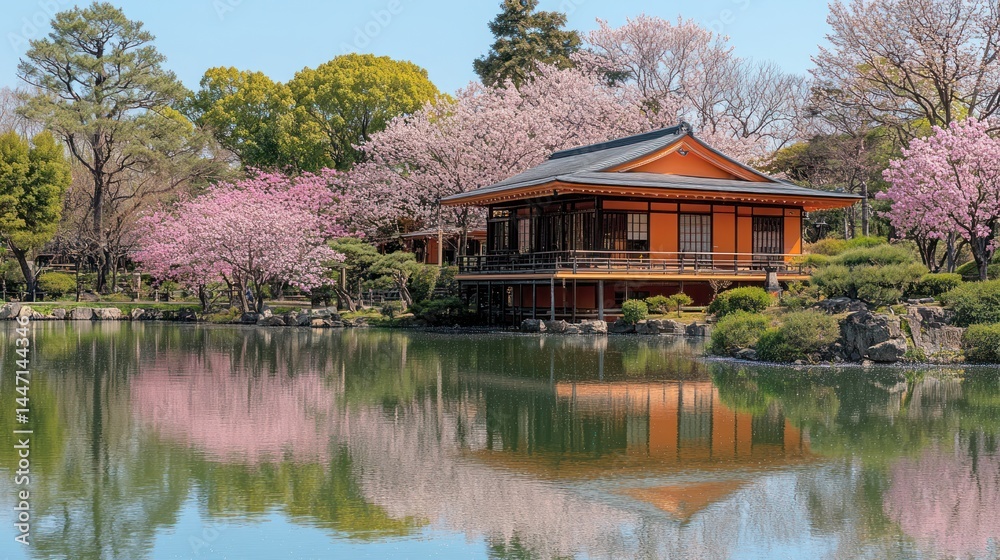 Peaceful Japanese garden with cherry blossoms Peaceful Japanese garden with cherry blossoms