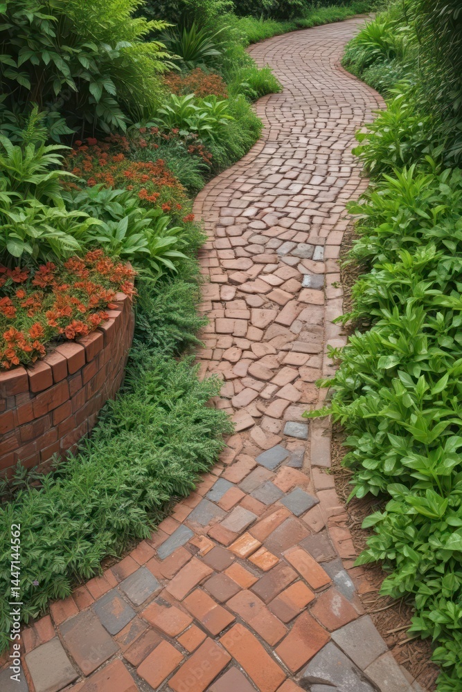 Obraz premium A curving brick path edged with lush green plants , summer, pathway, spring