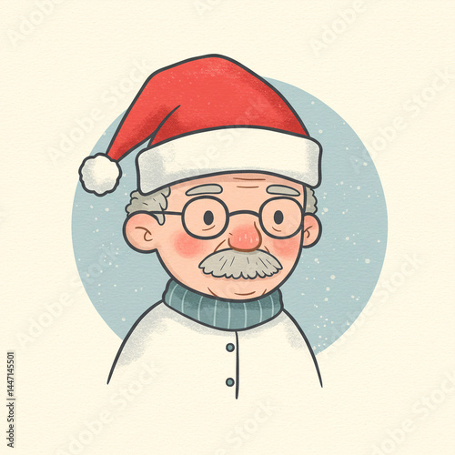 Smiling Grandpa Wearing Santa Hat Against Light Blue Background
