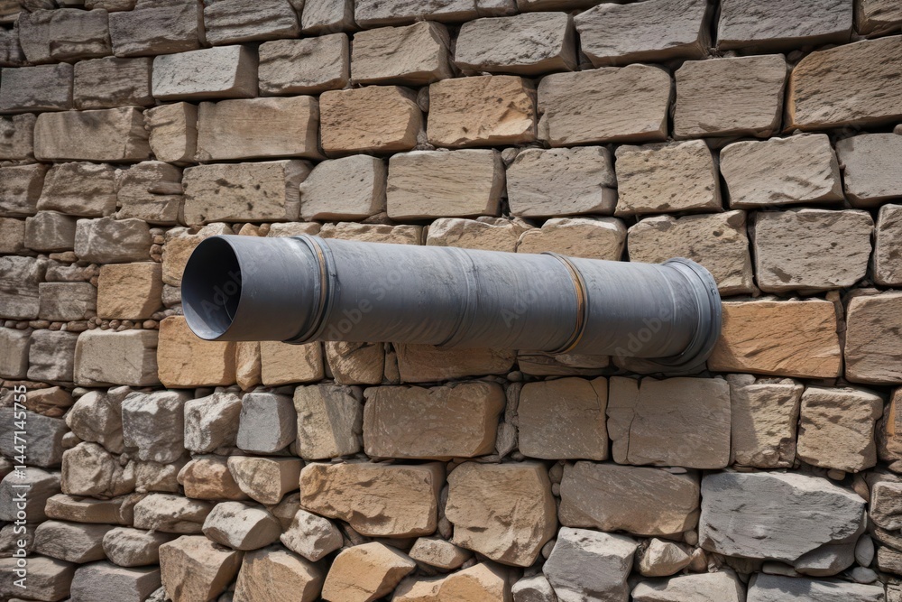 A weathered gray metal pipe rests against a rough stone wall , support, grunge, aged A weathered gray metal pipe rests against a rough stone wall , support, grunge, aged