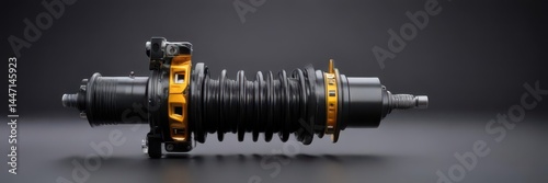 Black shock absorber with exposed coil spring and metallic mounts, part, black, technology