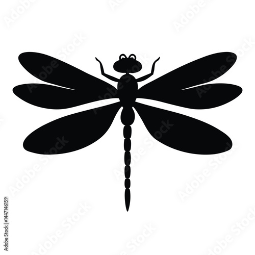 Silhouette of a dragonfly with its wings spread wide on a white background