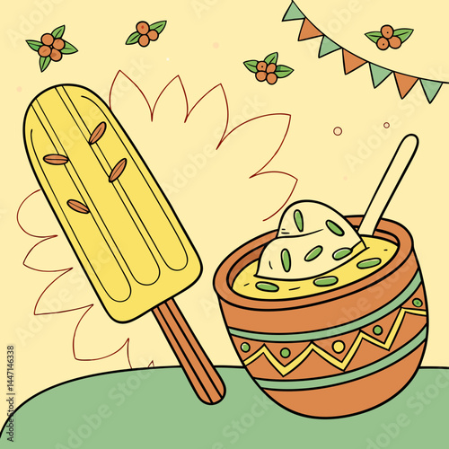 Traditional Indian Kulfi Vector Illustration with Stick and Toppings