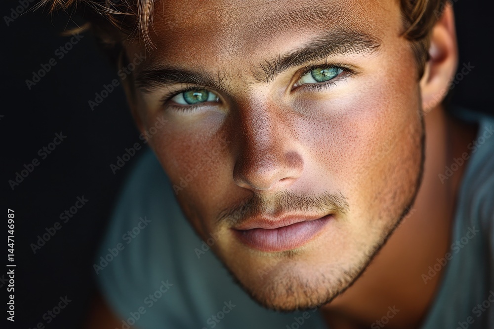 Obraz premium Close-up portrait of a handsome man with freckles and striking green eyes. Use for beauty, lifestyle, or romance themed marketing and advertising.