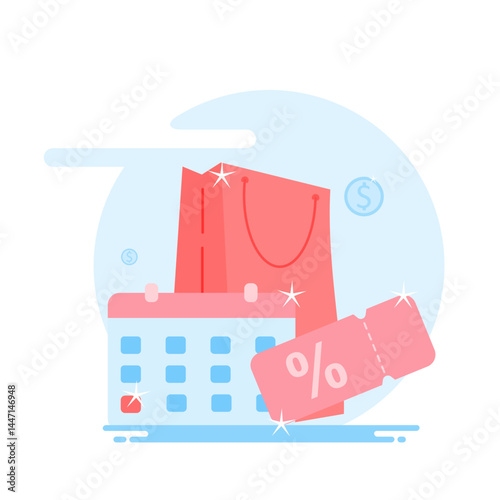  Illustration of holiday seasonal discount, cheap sale with cashback percentage for cash payment. Concept of shopholism and consumerism, shopping