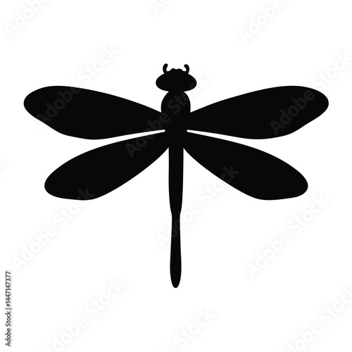 Silhouette of a dragonfly with its wings spread wide on a white background