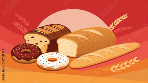 Design a modern, flat-style vector banner for a bakery shop showcasing sliced bread, pastries, and cakes.  Include a vibrant color palette and clean typography.