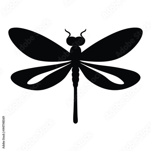 Silhouette of a dragonfly with its wings spread wide on a white background