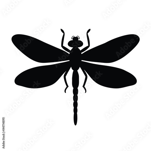 Silhouette of a dragonfly with its wings spread wide on a white background