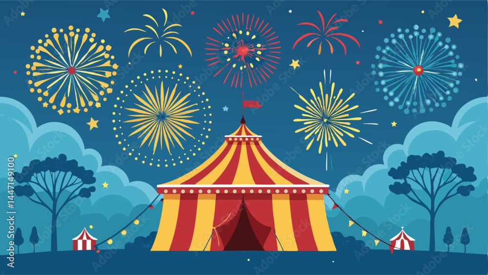 Design a vibrant modern poster for a summer carnival featuring a large circus tent, incorporating playful typography and bright colors. Illustrate a festive atmosphere. Design a vibrant modern poster for a summer carnival featuring a large circus tent, incorporating playful typography and bright colors. Illustrate a festive atmosphere.