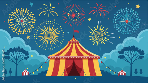 Design a vibrant modern poster for a summer carnival featuring a large circus tent, incorporating playful typography and bright colors.  Illustrate a festive atmosphere.