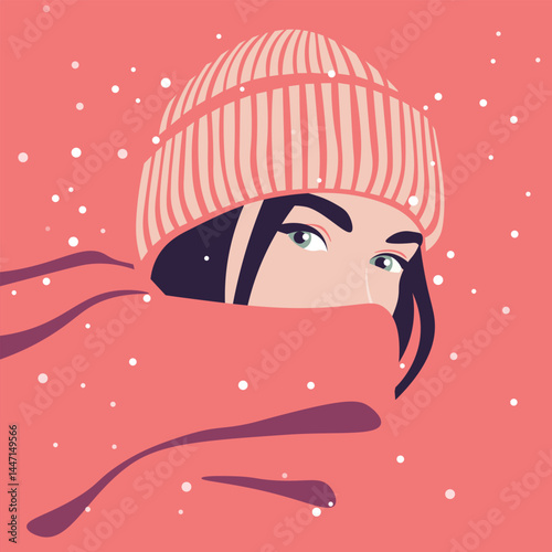 A face of a young woman wrapped in a large scarf on the background of a snowfall in a knitted hat. Christmas and New Year. Flat vector illustration