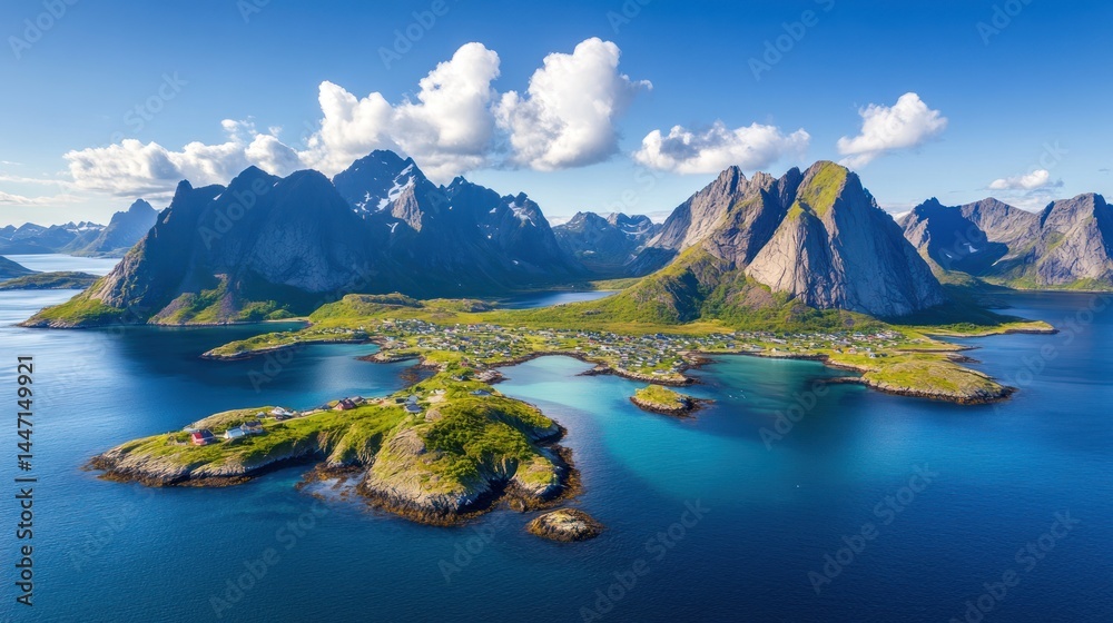 Obraz premium Picturesque coastal village nestled among dramatic mountains