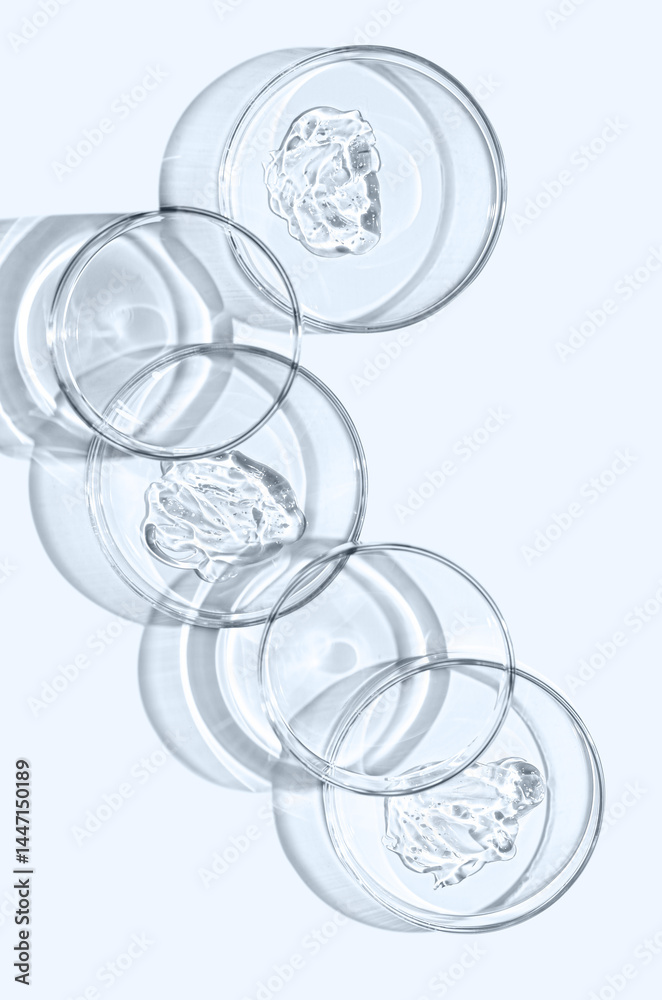 Fototapeta premium A sample of skin serum or moisturizing gel in a Petri dish. A cosmetic product.
