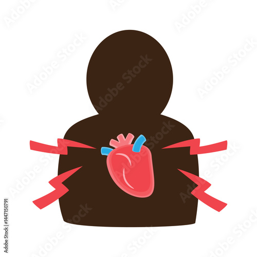 Heart attack or myocardial infarction or coronary artery disease . Silhouette human shadow and heart . Meaning about heart disease . Flat design . Vector .