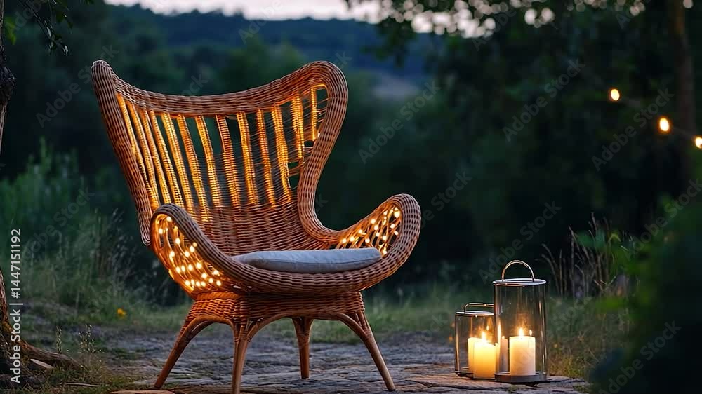 Wicker chair lit by string lights at dusk