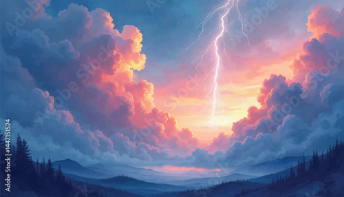 Watercolor Stormy Sky with Lightning Flashes