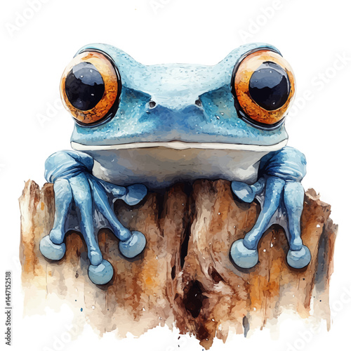 Pet Frog Resting On A Log, vector watercolor illustration, isolated on a white background.