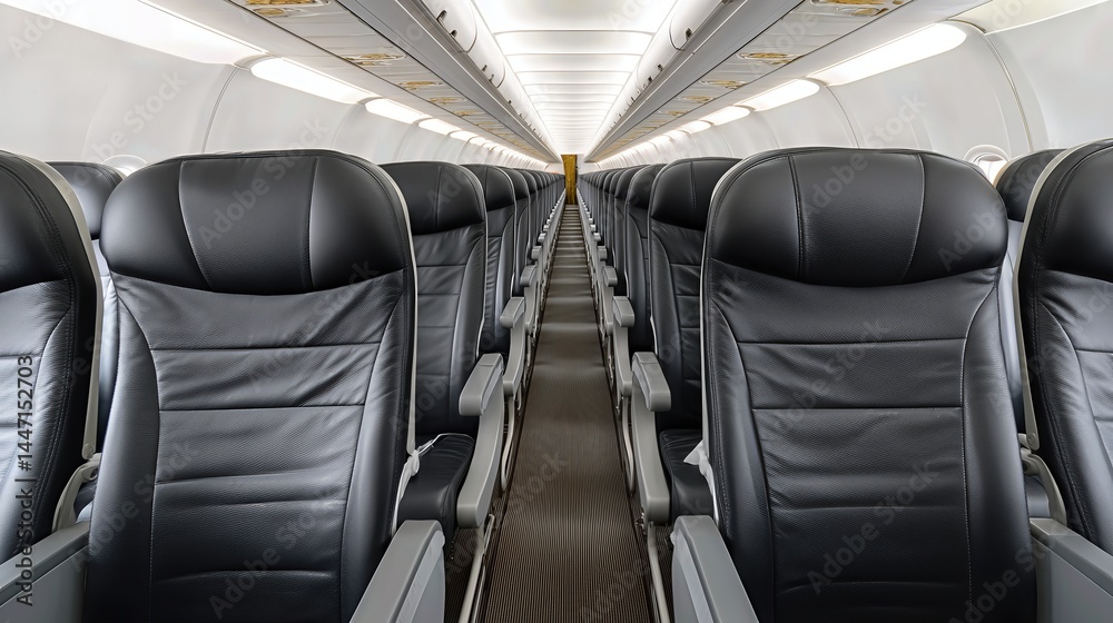 Obraz premium The aircraft interior features neatly arranged black leather seats, offering a clear perspective on business and economy class travel comfort.