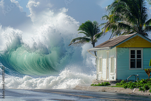 Witness the awe inspiring power of a majestic hurricane as it unleashes its strength on the vast ocean, creating colossal waves that crash upon the humble homes nestled along the tropical coastline, s