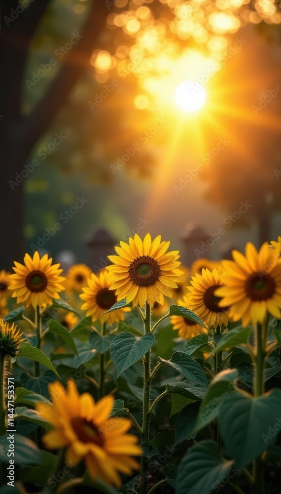 Obraz premium Sunflowers brightly illuminate a sun-drenched graveyard , still life, yellow, sun