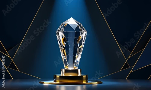 Crystal trophy atop gold stand. Blue backdrop, gold details, focused spotlight