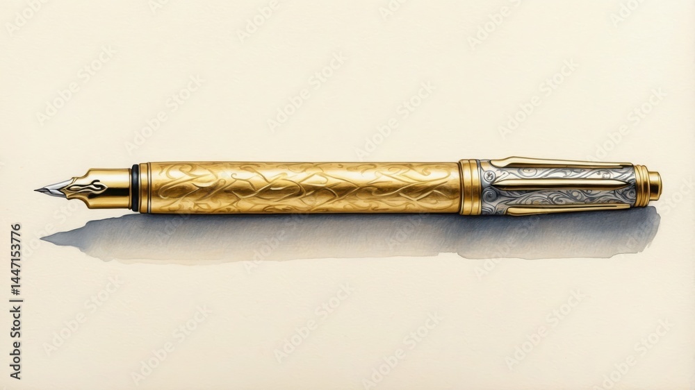 Fototapeta premium Gold Pen Detailed Illustration Beige Background