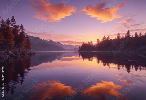 Mirror-like lake reflects a breathtaking sunset, a symphony of orange and purple ,  orange,  clouds,  breathtaking