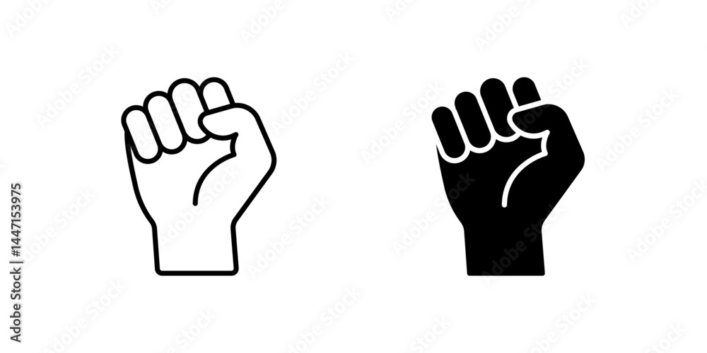 A simple vector icon set depicting a fist hand up, ideal for empowerment and protest designs. A simple vector icon set depicting a fist hand up, ideal for empowerment and protest designs.